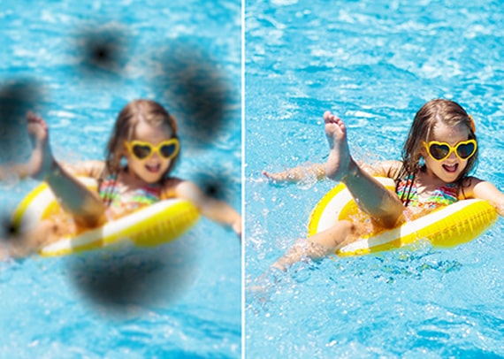 With and without diabetic eye condition view of a child in a pool