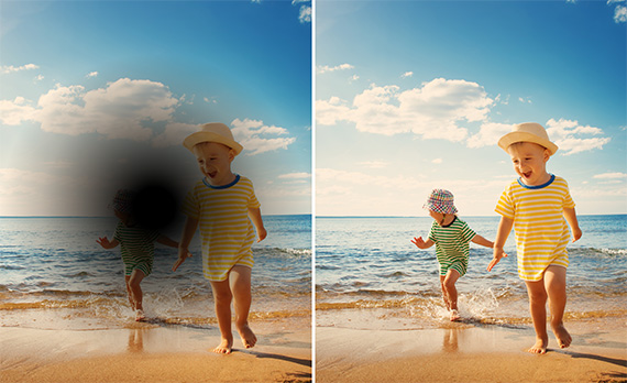 With and without AMD view of kids on a beach